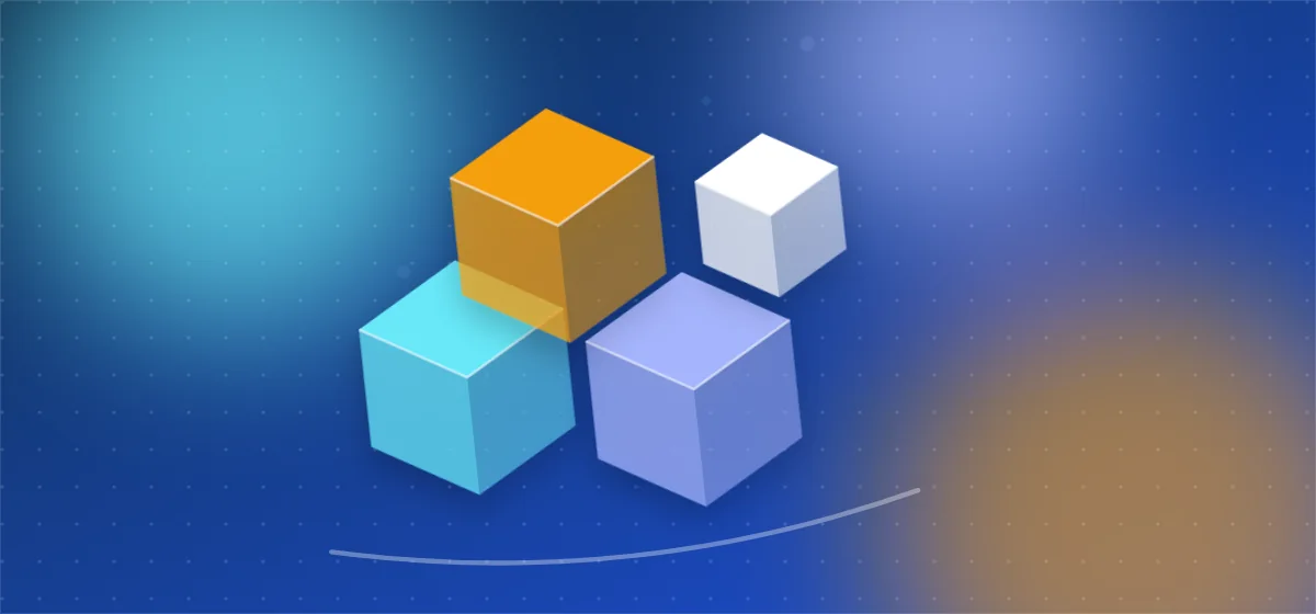 Illustration of small glowing service cubes connected by colourful data streams around a central message bus