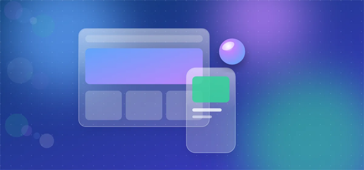 Abstract illustration of a browser and phone with colourful cards laid out in a grid